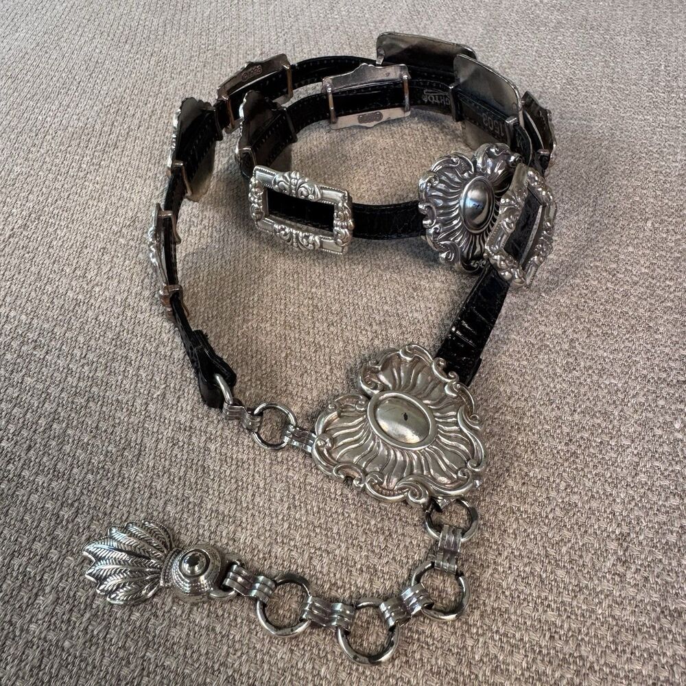 Vintage Brighton Black Leather Concho Belt Western Silver Size S Boho Heart 564